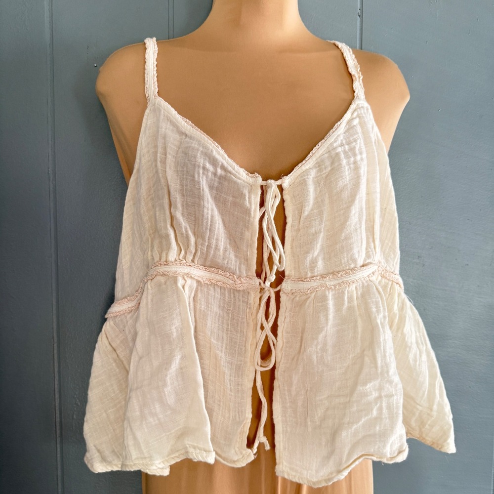 NWT American Eagle Gauze Tie Front Smocked Peplum Tank Ivory Coquette Boho XL